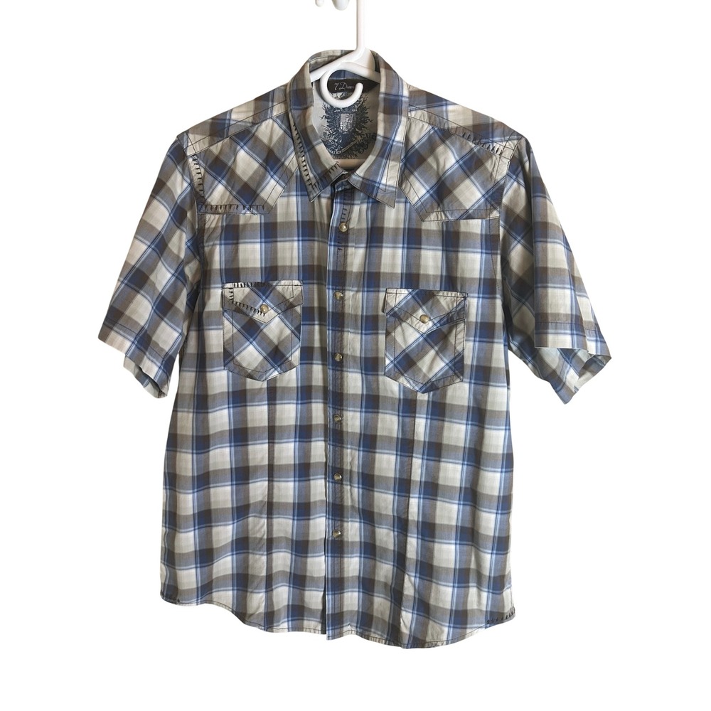 7 Diamonds Pearl Snap Shirt Mens XL Blue Plaid Short Sleeve Western